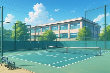 学校のテニスコートの背景イラスト