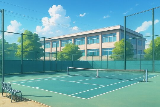 学校のテニスコートの背景イラスト