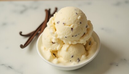 Vanilla bean ice cream scoops in bowl, vanilla pods behind.