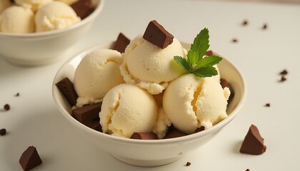 Vanilla ice cream scoops with chocolate and mint in a white bowl