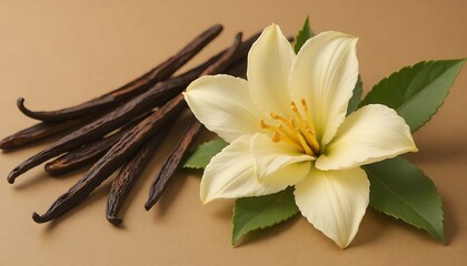 Vanilla beans and Vanilla planifolia flower on beige background. Still life.