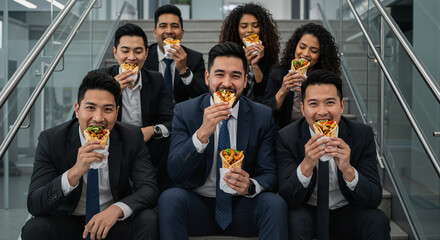 Celebrating National Gyro Day With Colleagues Enjoying Delicious Gyros on Office Stairs
