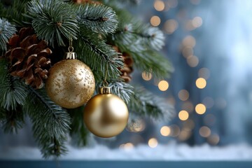 Obraz premium Christmas tree branch with golden ornaments pine cones and blurred lights in the background