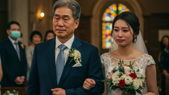 Emotional Asian Bride Walks Down Aisle with Father in Church Wedding Ceremony