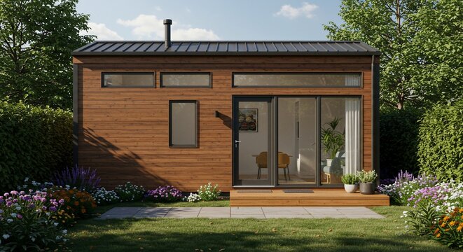 Modern Tiny Home Exterior: Wood Siding, Glass Doors, Landscaping, Sunny Day.