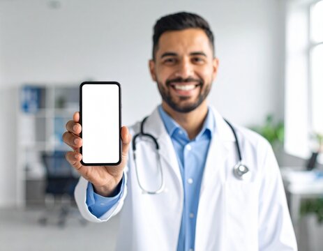A male doctor is holding a cell phone in his hands, using a blank white mockup screen to demonstrate an ehealth mobile app for medical healthcare telemedicine advertisements and e telehealth online ap