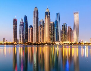 City skyline at twilight reflected in water