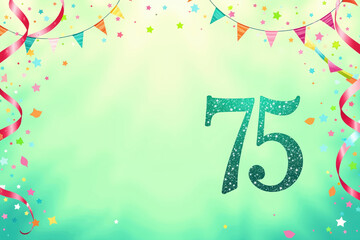 Glittery 75 on a green background with confetti, ribbons, and bunting, perfect for a 75th birthday party decoration or card.