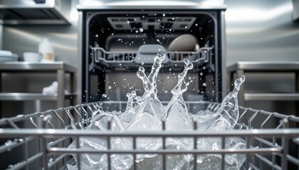 Washing Action Splashes Modern Kitchen Closeup Photo Stainless Steel Environment Eye-Level View Dishwasher Concept