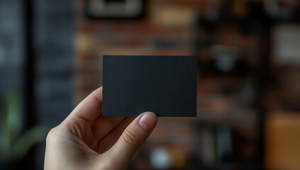 A hand holds a sleek, rectangular business card with a matte black finish and smooth texture.