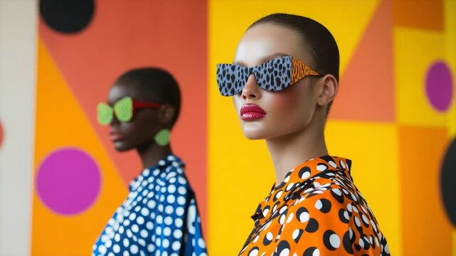 Two models in polka-dot shirts and stylish sunglasses pose against a vibrant geometric backdrop