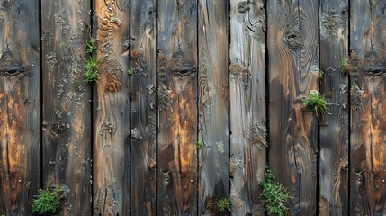 Fototapeta premium Weathered wood fence with small plants growing in the gaps, vertical planks, rustic texture