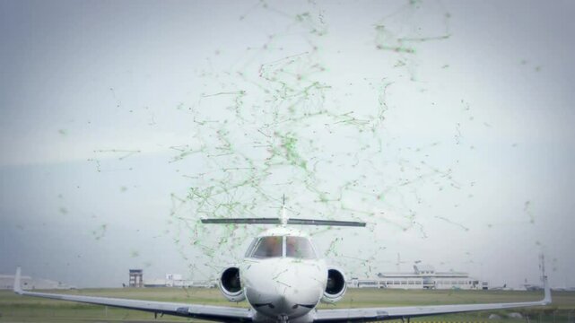Digital network forming above white private jet taxiing runway toward camera showing connectivity