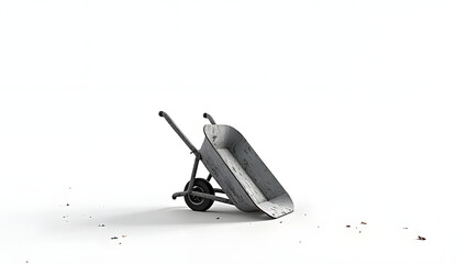 Black silhouette of an overturned empty wheelbarrow with handle raised, resting on a pure white background. Evokes themes of labor, abandonment, rural solitude, and symbolic stillness