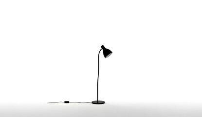 Black silhouette of a tall, curved floor lamp with exposed socket and no bulb or cord, standing alone on a pure white background. Symbolizes absence, modern minimalism, and silent domestic space
