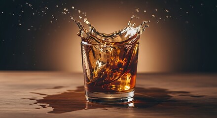 Whiskey splashing in a clear glass on a wooden surface.