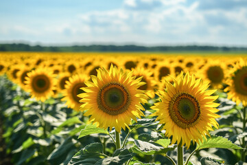 Fototapeta premium A vast field of sunflowers in full bloom, stretching to the horizon under a bright blue sky.