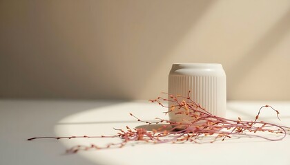 White ceramic vase with ribbed texture and pink dried twig arrangement