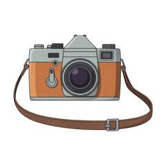 Retro Film Photo Camera with Strap Cartoon Illustration for Travel, Adventure, Sightseeing, Hiking, Vacation, Outdoor Exploration, Wanderlust, Creative Hobby, and Artistic Lifestyle