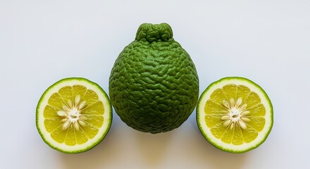 Whole and cut Kaffir lime fruit, bumpy green skin and light yellow flesh.