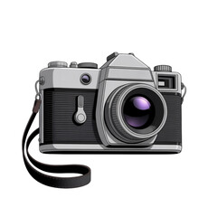 Retro Film Photo Camera with Strap Cartoon Illustration Featuring Vintage Design, Travel Gear, Holiday Adventure, Tourism, Exploration, Freedom, Map, and Creative Artistic Expression