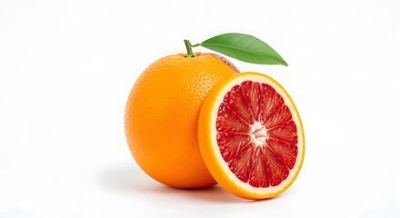 Whole blood orange and sliced half with green leaf on white backdrop