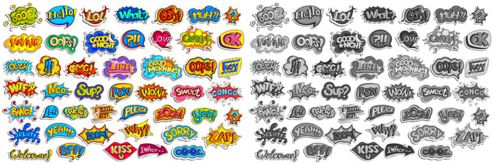 Color & Black-and-White Comic Text Bubbles Set. Massive collection of 70 comic-style speech bubbles in two versions: full color and black & white. Ideal for pop art designs, comic books, sticker packs