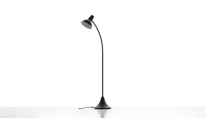 Black silhouette of a tall, curved floor lamp with exposed socket and no bulb or cord, standing alone on a pure white background. Symbolizes absence, modern minimalism, and silent domestic space