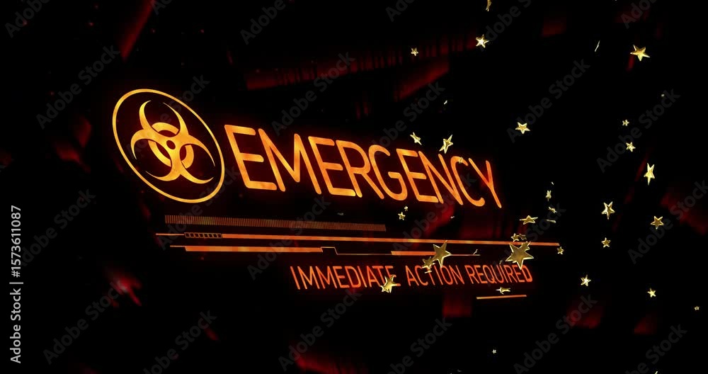 Poster glowing biohazard icon fading in triggers emergency hud updating text, pulsing bar to signal action