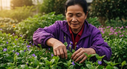 Woman in purple jacket tending to blooming violet periwinkle flowers