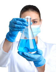 Scientist holding Erlenmeyer flask with blue liquid