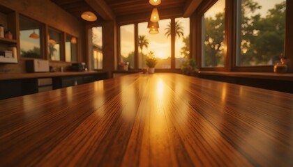 Wooden table interior view with palm trees at sunset through windows.