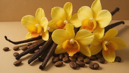 Yellow Orchid Flowers with Vanilla Beans and Coffee Beans Still Life