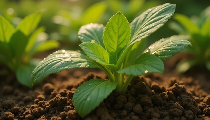 Young plant with water droplets growing in the ground in a field.