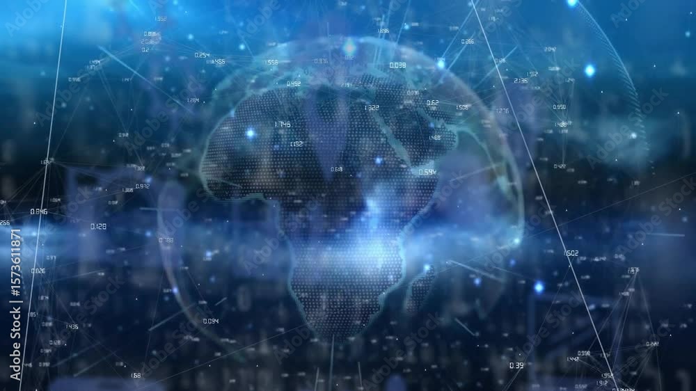Poster dark blue scene sphere emerging into 3d earth and nodes connecting via lines showing global network