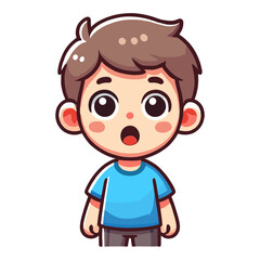 Cartoon character of a surprised boy with an open mouth wearing a blue shirt on a white background