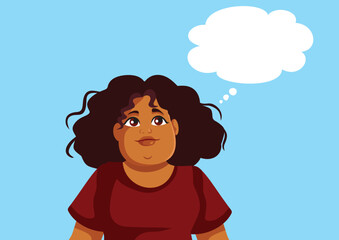 
Curious Woman of Black Ethnicity Thinking Vector Cartoon 
Happy lady being pensive making and expressing a plan  
