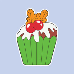 Cute Christmas cake sticker illustration decorated with white icing, red berries, and orange leaves, perfect for greeting cards, holiday decor, cheerful party designs, and sweet winter projects.