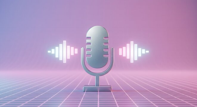 Retro Microphone with Sound Waves on Grid, Neon Purple and Blue