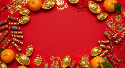 Chinese New Year Flatlay with Gold Ingot and Red Envelopes