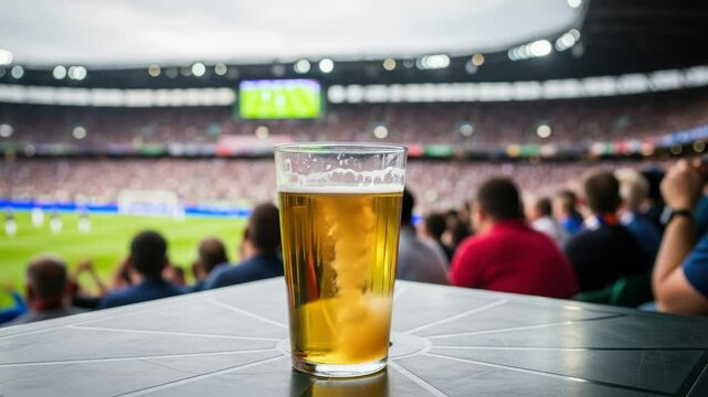 Glass Of Beer On Table In Stadium With Blurred Crowd Watching A Game During Daytime