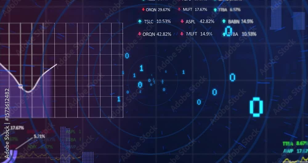 Poster opening grid initiating digits scattering while stock tickers updating, charts animating interface