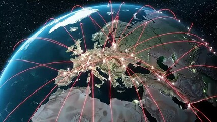 A stunning animation of Earth from space, focusing on Europe with glowing network lines illustrating global communication, data, and connectivity - Powered by Adobe
