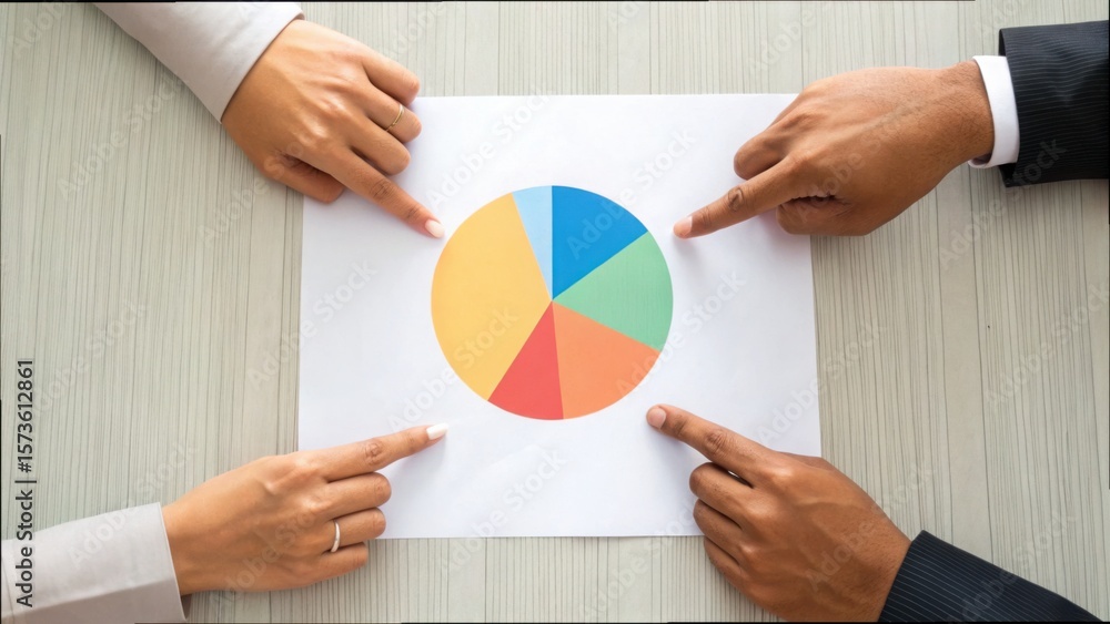 Aufkleber group collaboration with report and pie chart on table surface