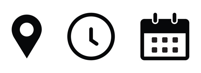 Calendar location pin and clock icons set for event time date and address reminder symbol designs