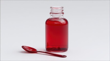 Small glass jar filled with vibrant red liquid accompanied by matching red spoon on plain white background