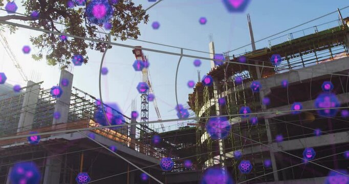 Crane centering purple icons drifting over frame beam workers as icons dispersing showing progress