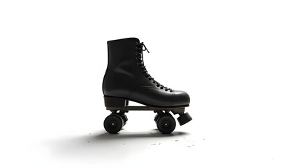 Black silhouette of a vintage roller skate with missing laces, aged yet intact wheels. Centered on pure white background. Evokes themes of forgotten play, nostalgia, and faded childhood memories