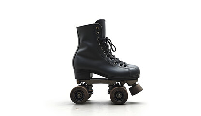 Black silhouette of a vintage roller skate with missing laces, aged yet intact wheels. Centered on pure white background. Evokes themes of forgotten play, nostalgia, and faded childhood memories