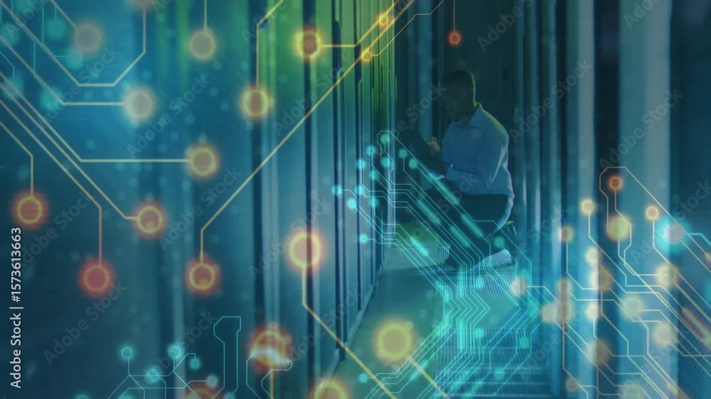 Poster circuit animation initiating technician kneeling at it data center rack inserting drive for update